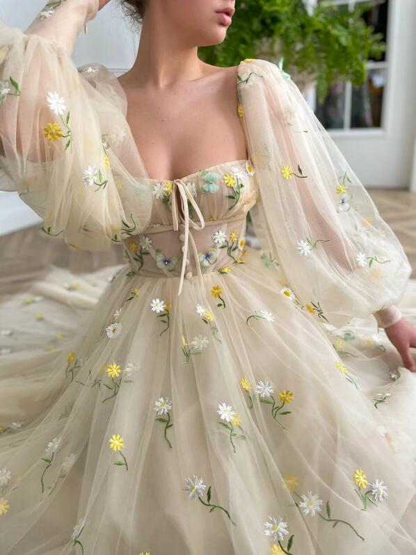 Tea Length Corset Long Evening Princess Prom Dresses, Appliques 2022 Long Prom Dresses, Newest Ball Gown Tulle Wedding Dresses