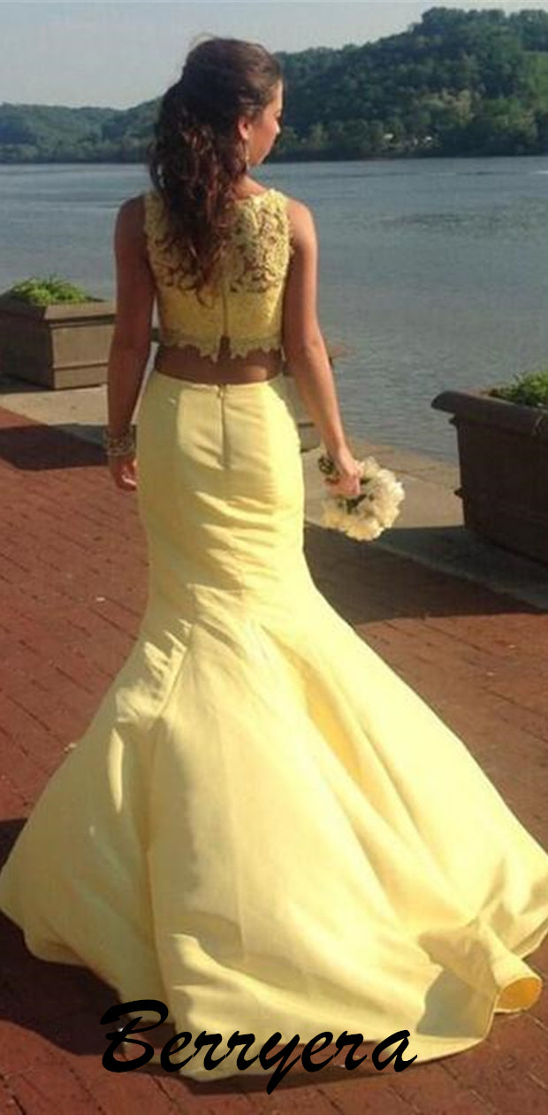 Unique Yellow Two Pieces Lace Prom Dresses, Mermaid Long Prom Dress