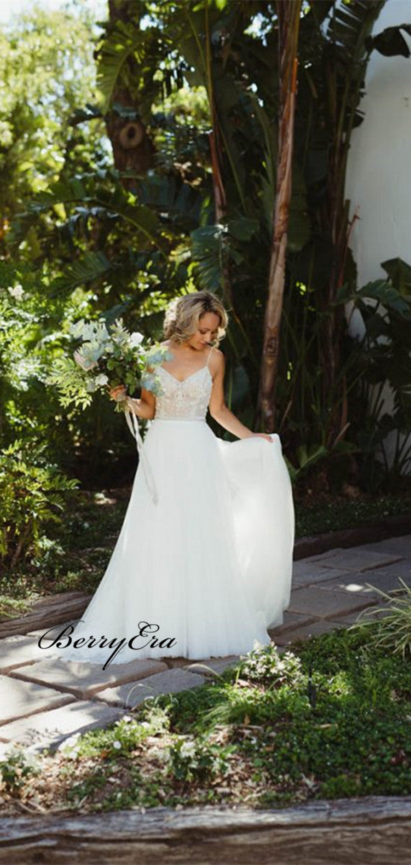 Elegant A-line Lace Tulle Wedding Dresses, Strap Wedding Party Dresses