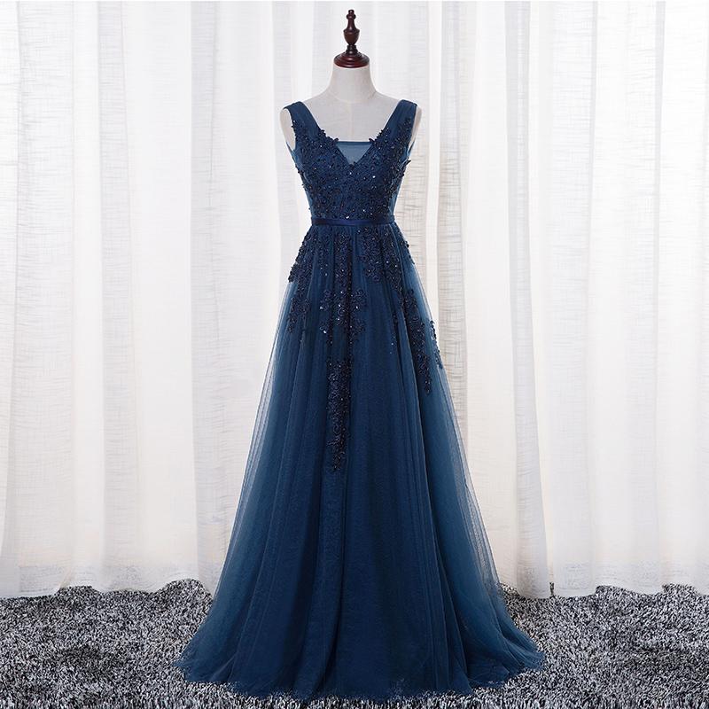 V-neck Lace Beaded Long A-line Tulle Prom Dresses