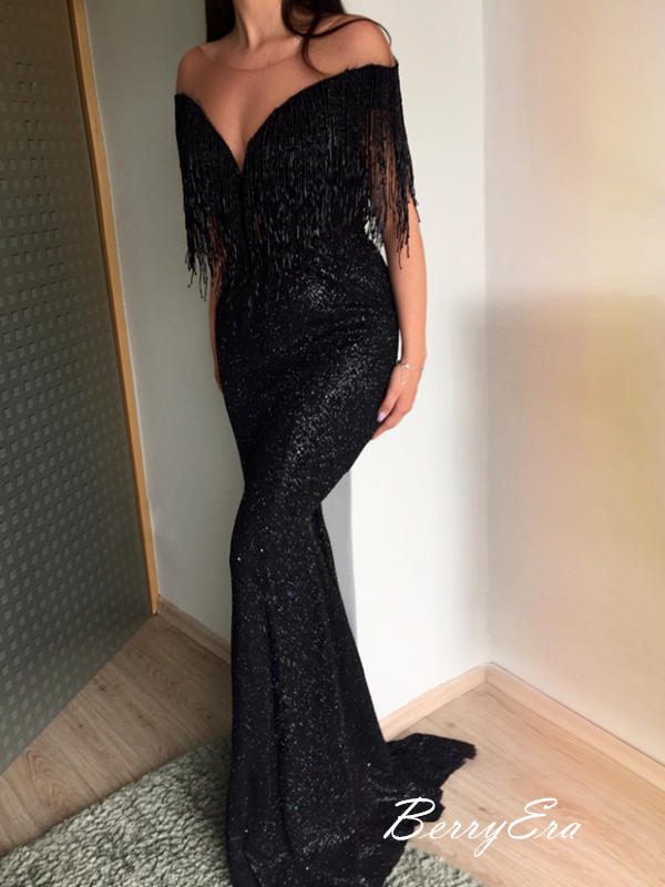 Tassel V Neck Shiny Sequins Long Prom Dresses 2019, Modest Mermaid Prom Dresses