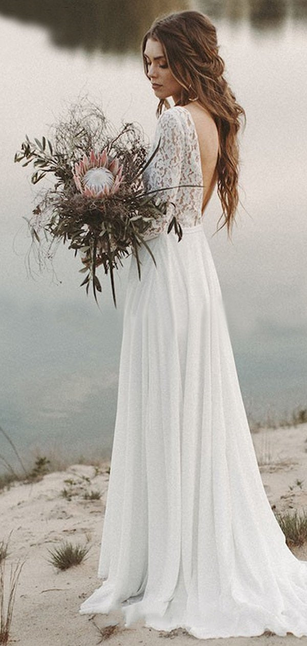 Long Sleeves Lace Top Beach Wedding Dresses, Simple Chiffon Wedding Dresses, Bridal Gown
