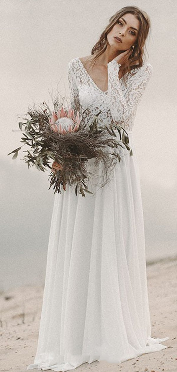 Long Sleeves Lace Top Beach Wedding Dresses, Simple Chiffon Wedding Dresses, Bridal Gown