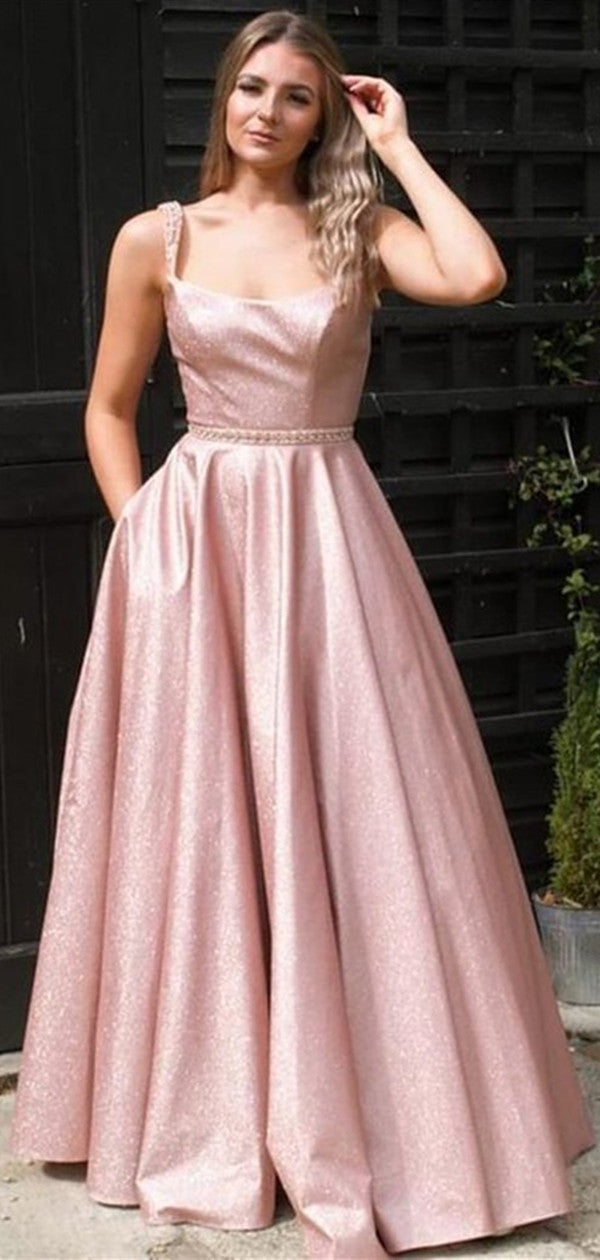 Shiny Floor Length Long Pink 2021 Prom Dress, Sparkly Pink Evening Dress