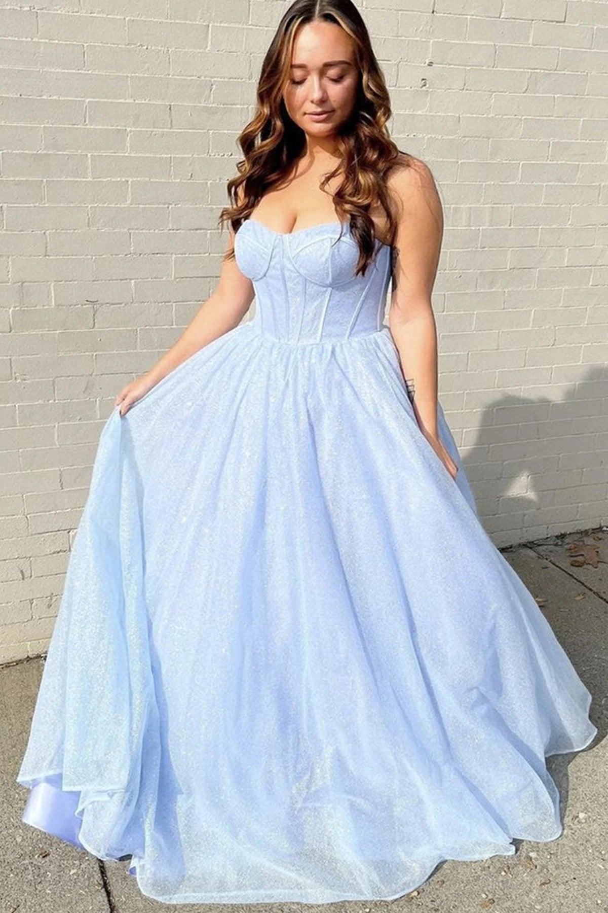 Spaghetti Long A-line Light Blue Shiny Tulle Prom Dresses, Popular Prom Dresses, Newest 2022 Prom Dresses, RC037