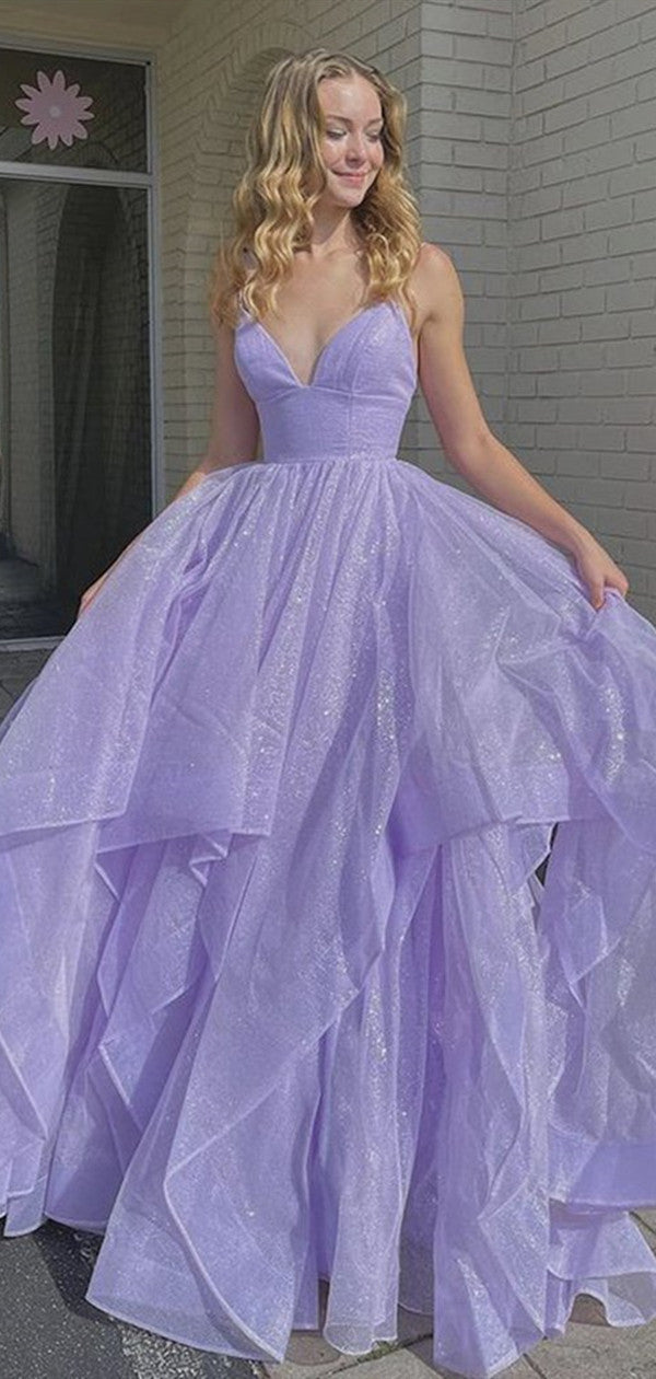Shiny V Neck Fluffy Purple Long Prom Dresses, A Line 2021 Prom Dresses, Girl Party Dresses