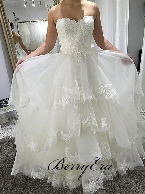 Sweetheart Lace Tulle Fluffy Wedding Dresses, Lace Up Wedding Dresses
