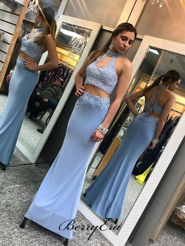 Halter Two Pieces Prom Dresses, Cheap Prom Dresses, Lace Prom Dresses