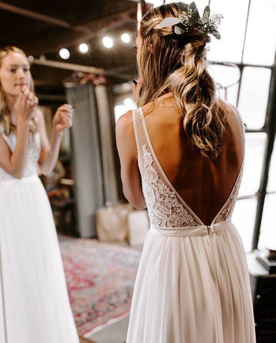 V-neck Lace Wedding Dresses, Long A-line Chiffon Wedding Dresses, Bridal Gown