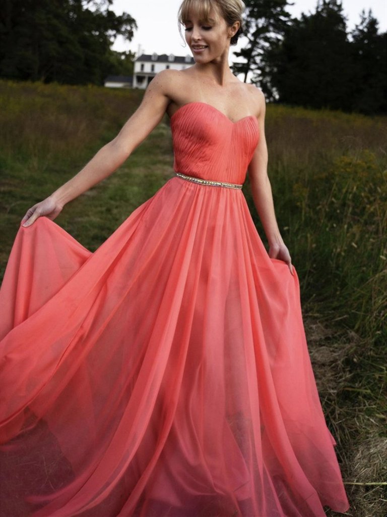 Sweetheart Long A-line Coral Chiffon Prom Dresses, Cheap Prom Dresses, 2021 Prom Dresses, Popular Prom Dresses