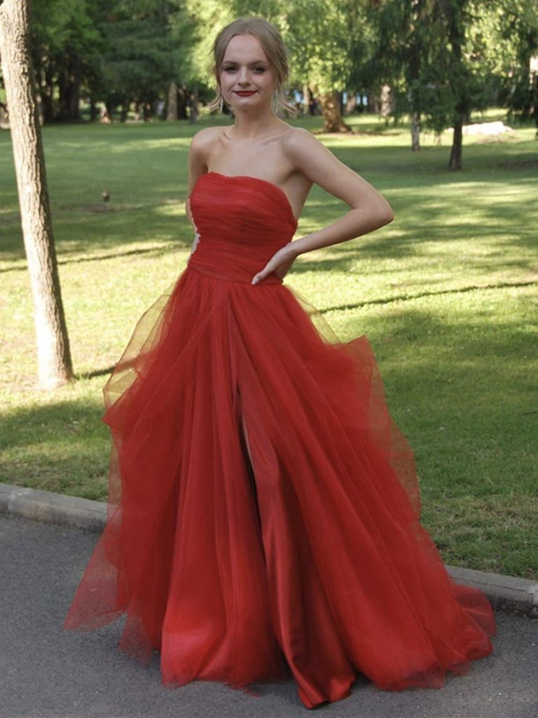 Strapless Red Tulle Prom Dresses, Side Slit Prom Dresses, Newest 2021 Prom Dresses, Long Prom Dresses