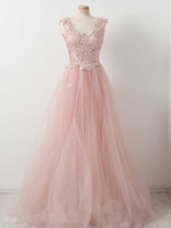 Blush Pink Lace Tulle A-line Prom Evening Dresses