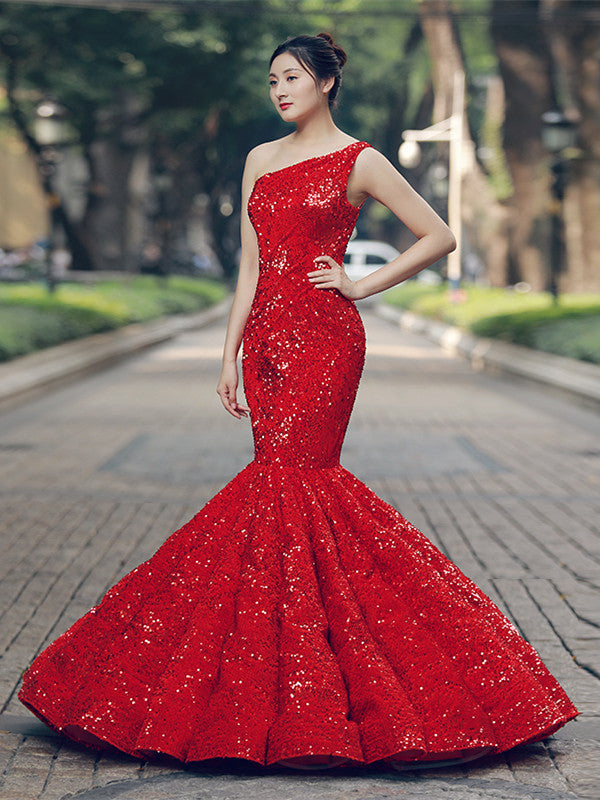 One Shoulder Long Mermaid Red Sequin Prom Dresses, 2021 Prom Dresses, Cheap Prom Dresses