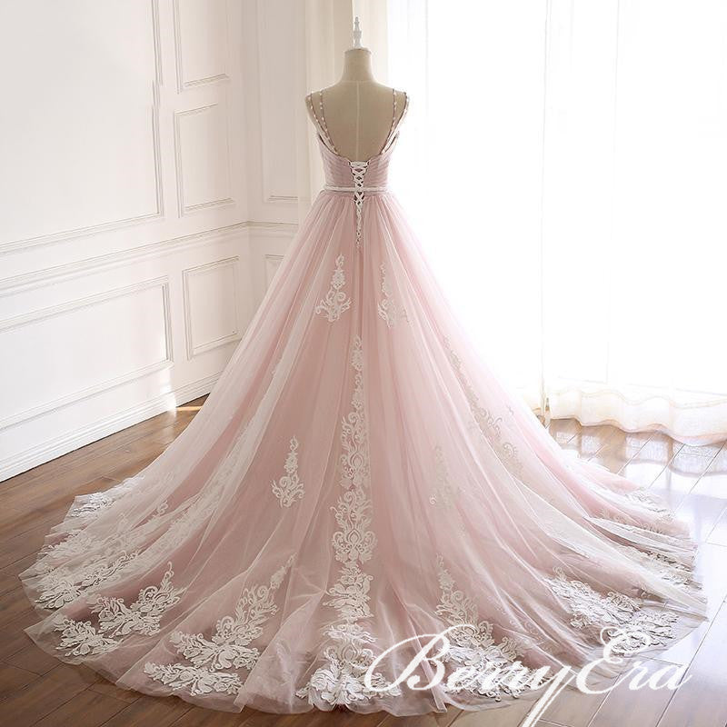 Blush Pink Lace Tulle Wedding Dresses, Beaded Wedding Dresses, Bridal Gown