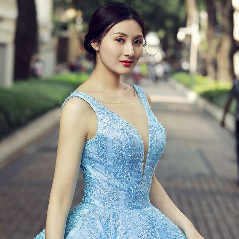 Elegant Sky Blue Lace Satin Prom Dresses, Quinceanera Dresses, Ball Gown, 2021 Prom Dresses