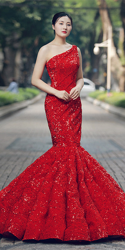 One Shoulder Long Mermaid Red Sequin Prom Dresses, 2021 Prom Dresses, Cheap Prom Dresses