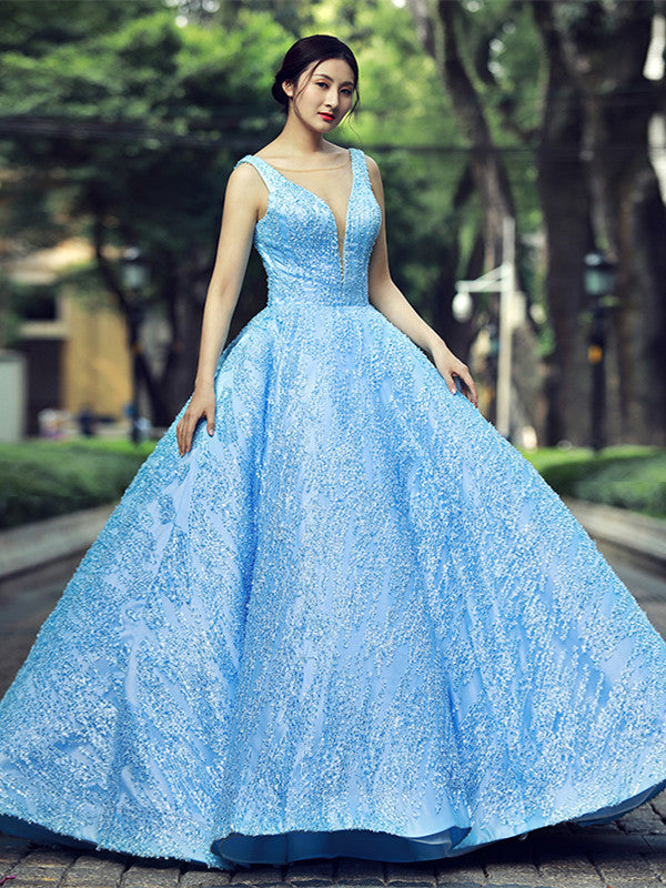 Elegant Sky Blue Lace Satin Prom Dresses, Quinceanera Dresses, Ball Gown, 2021 Prom Dresses