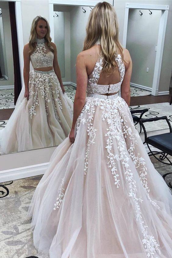 2-Pieces High Neck Lace Tulle Long Prom Dresses