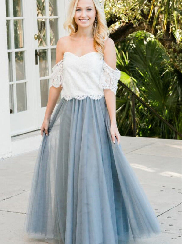 2 Pieces Lace Top Dusty Blue Long Bridesmaid Dresses