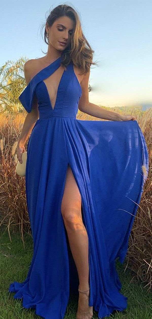 Royal Blue Unique Design Long Prom Dresses, Sexy One Shoulder 2021 Prom Dresses Long