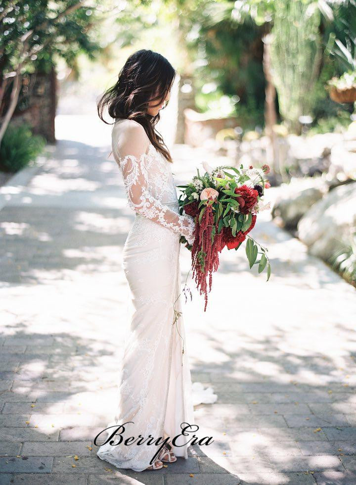 Unique Design Lace Long Sleeves Boho Wedding Dresses, Mermaid Slit Wedding Dresses