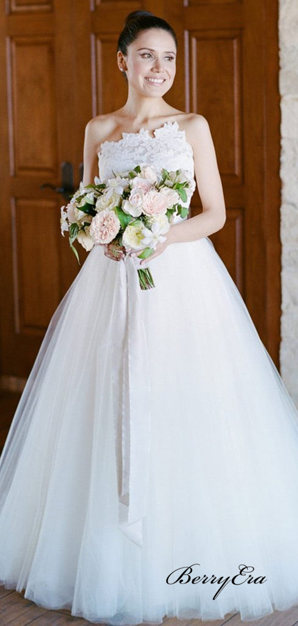 Unique Strapless Lace Tulle Ball Gown Wedding Dresses， A-line Popular Wedding Dresses