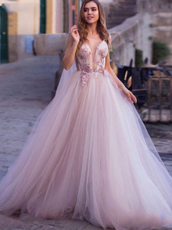 V-neck Long A-line Pale Pink Wedding Dresses, 2021 Wedding Dresses, Newest Bridal Gown