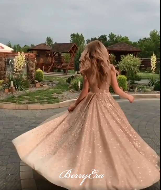 Champagne Gold A-line Shiny Prom Dresses, Lovely Prom Dresses, Prom Dresses