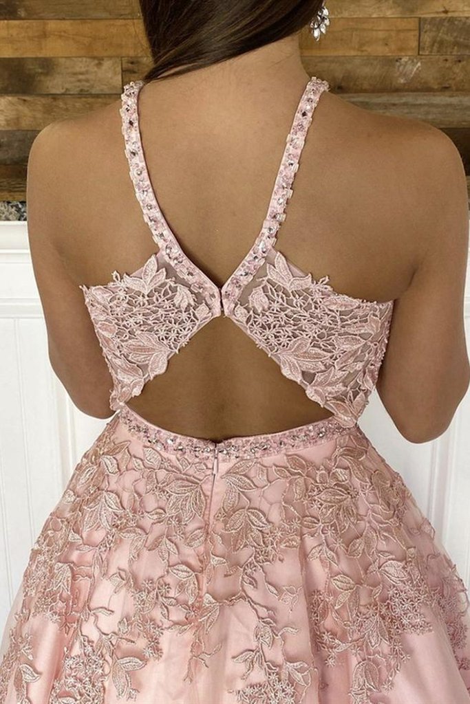 Open Back Pink Lace Long Prom Dresses, A-line Lace 2021 Evening Party Prom Dresses