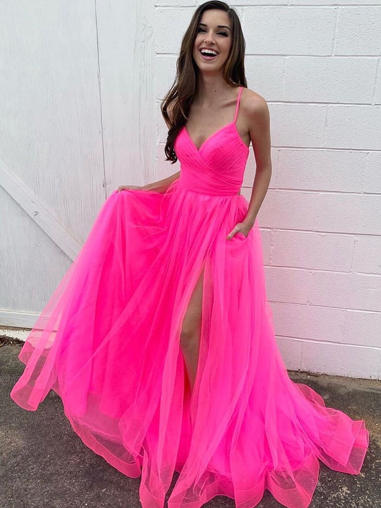 Spaghetti Long A-line Pink Tulle Prom Dresses, Side Slit Prom Dresses, Hot Pink 2020 Prom Dresses