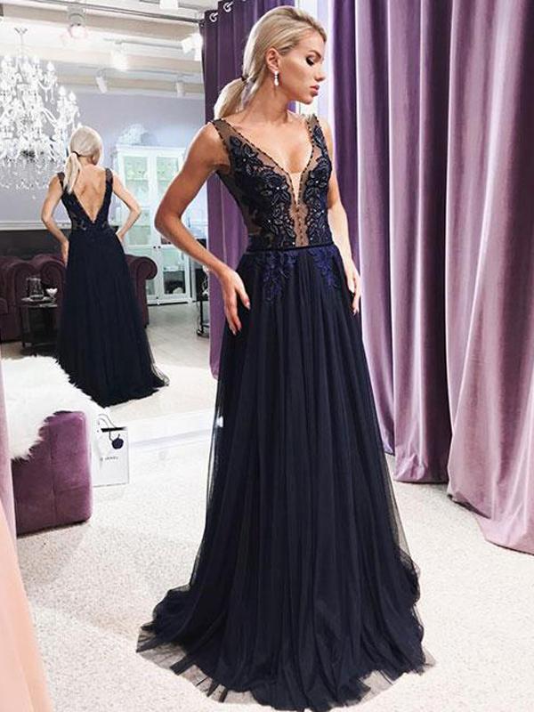 Dark Navy Appliques Tulle Long A-line Beaded Prom Dresses