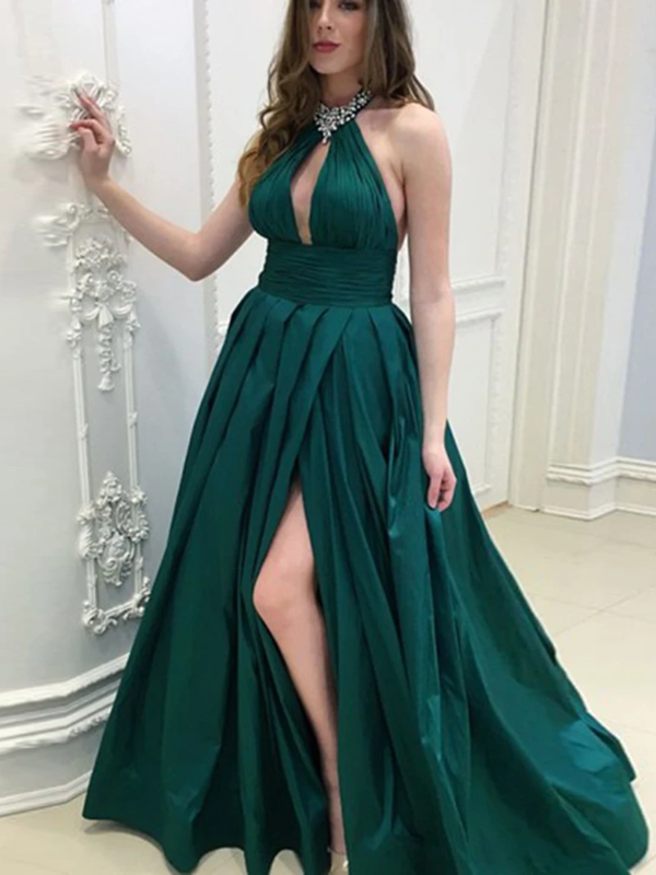 Sexy Halter A-line Long Prom Dresses, Beaded 2021 New Prom Dresses, V-neck Prom Dresses