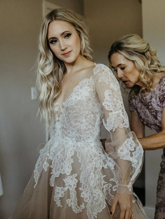 V-neck Long Sleeves Lace Tulle Wedding Dresses, Country Wedding Dresses, Bridal Gown