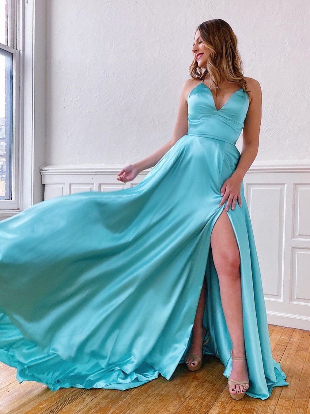 Spaghetti Long A-line Blue Satin Prom Dresses, Side Slit Long Prom Dresses, A-line Prom Dresses