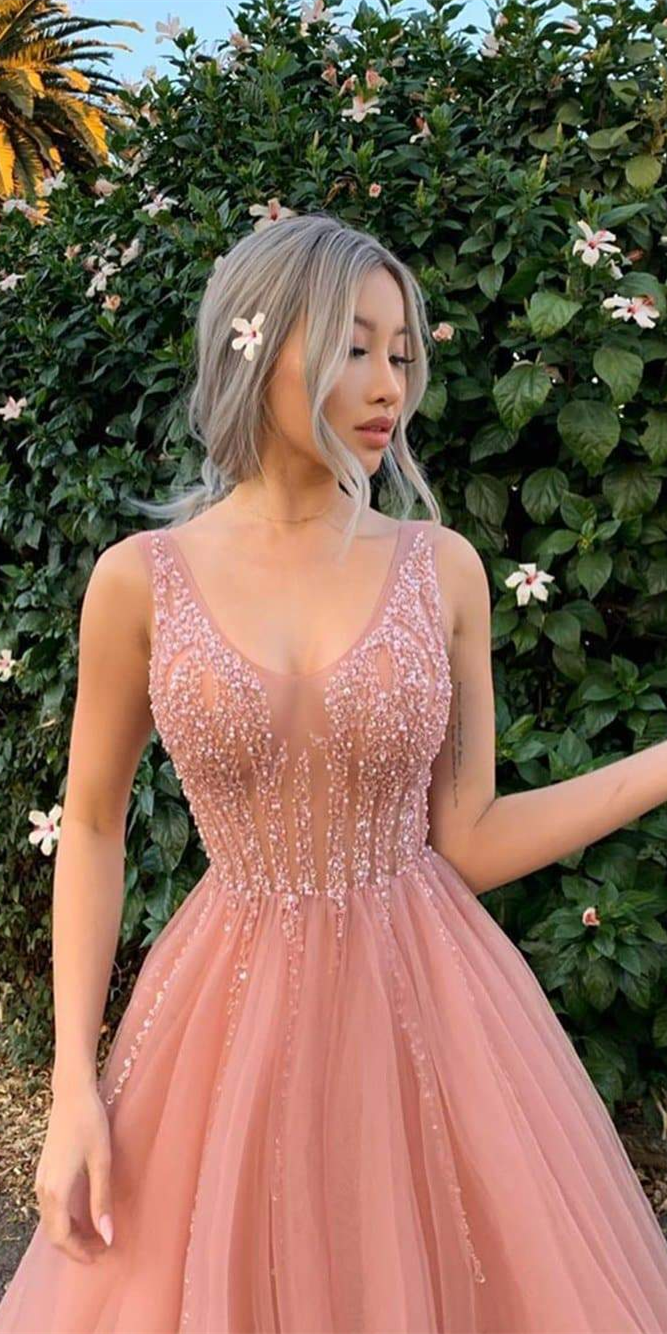 V-neck Long A-line Blush Pink Prom Dresses, Beaded Seqiun Prom Dresses, 2021 Prom Dresses