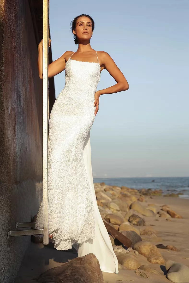 Popular Beach Wedding Dresses,Spaghetti Lace Wedding Dresses, Elegant Mermaid Bridal Gowns