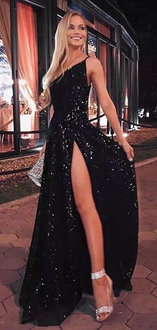 Sequins Black High Side Slit Long Prom Dresses 2021, Sexy Shiny Prom Dresses Long