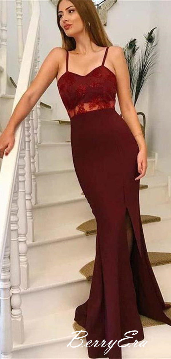 New Popular Simple Design Side Slit Burgundy Lace Long Prom Dresses, Prom Dresses