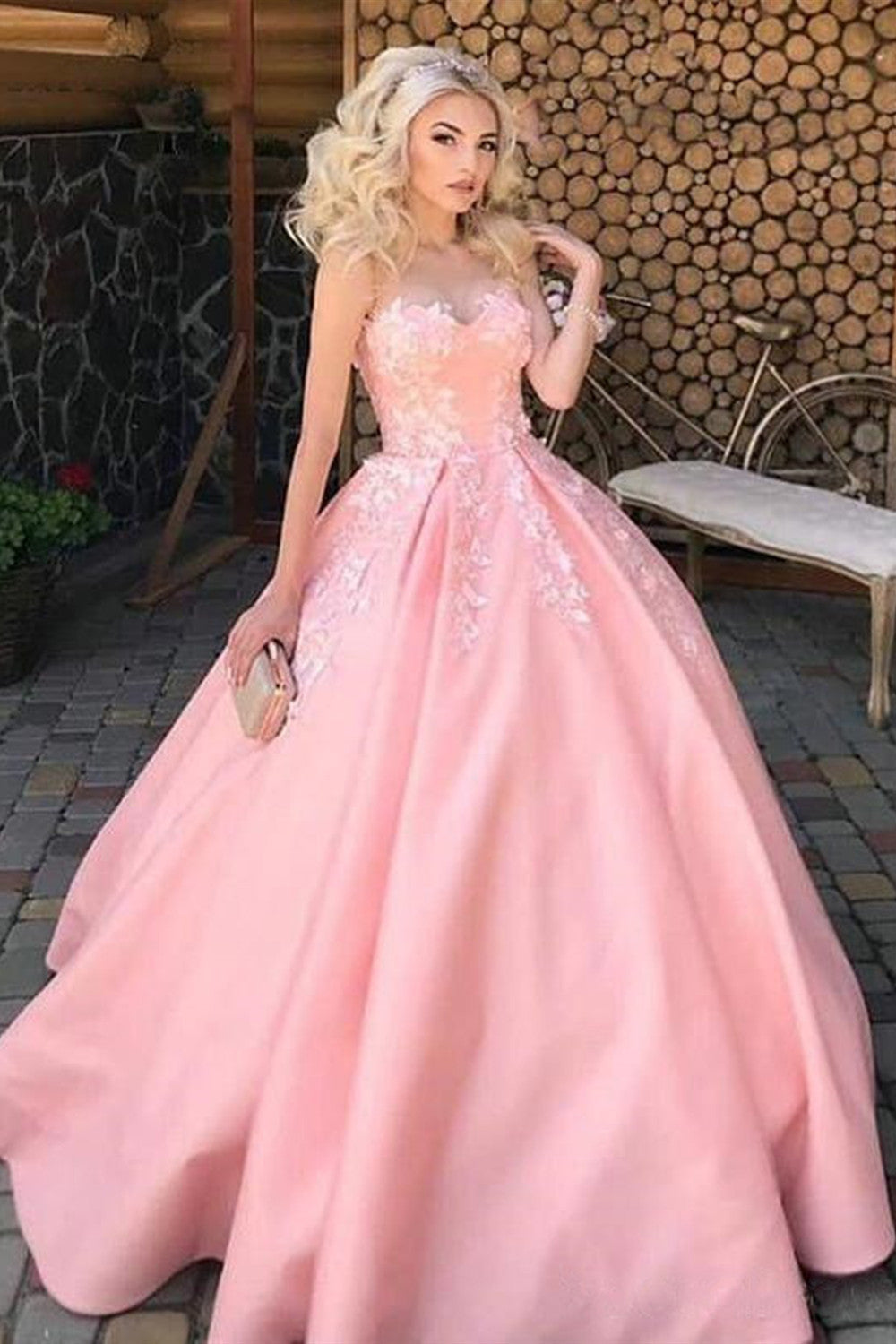 2021 Sweetheart Satin Lace Prom Dresses, A Line Popular Pink Bridal Gowns, Newest Wedding Dresses