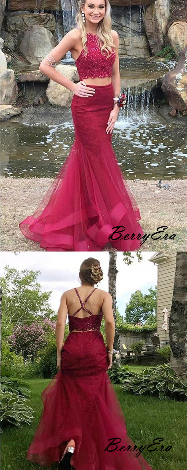 2 Pieces Beaded Fancy Long Prom Dresses, Tulle Evening Party Prom Dresses