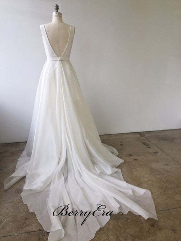 Simple Design Wedding Dresses, V-neck A-line Bridal Gowns, Cheap Wedding Dresses