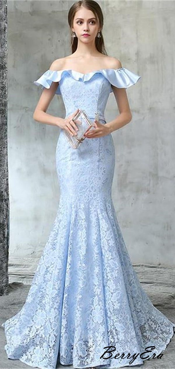 Off The Shoulder Sky Blue Prom Dresses, Lace Mermaid Prom Dresses