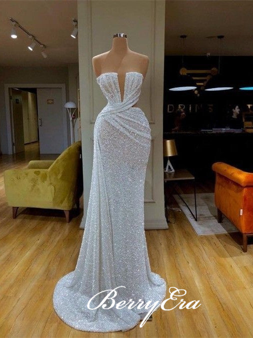 Strapless White Sequin Long Sheath Prom Dresses, Formal Evening Dresses, 2020 Prom Dresses