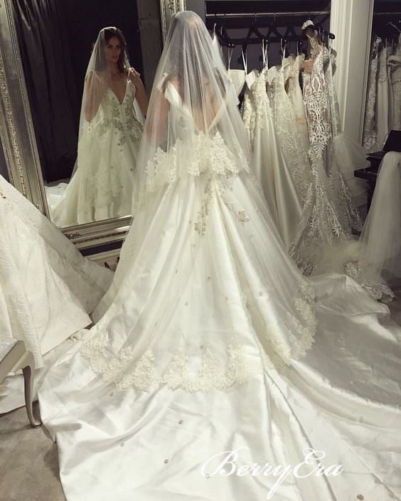 V-neck Long Train Lace Beaded Elegant Satin Wedding Dresses