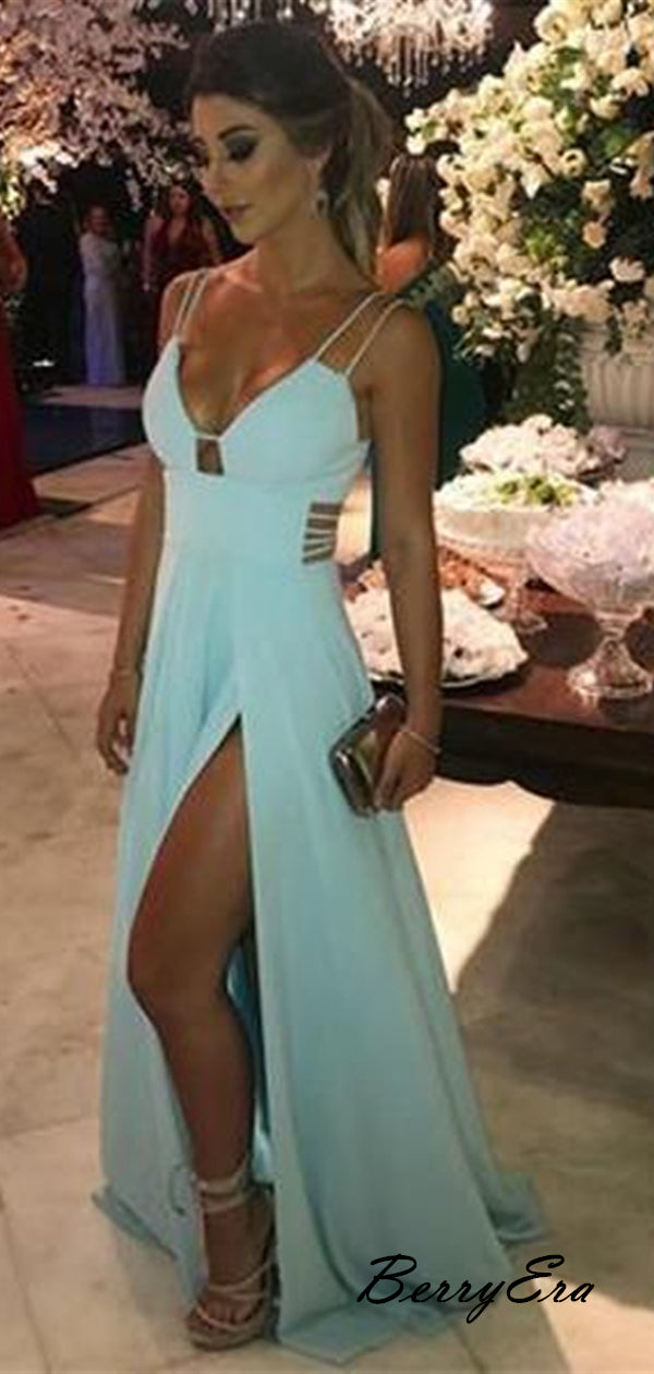 Popular High Slit Prom Dresses 2019, Evening Party Long Prom Dresses