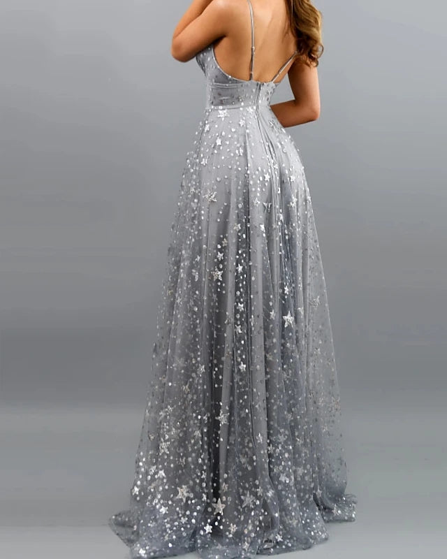 Spaghetti Long A-line Silver Sequin Tulle Prom Dresses, Side Slit Prom Dresses, 2021 Prom Dresses