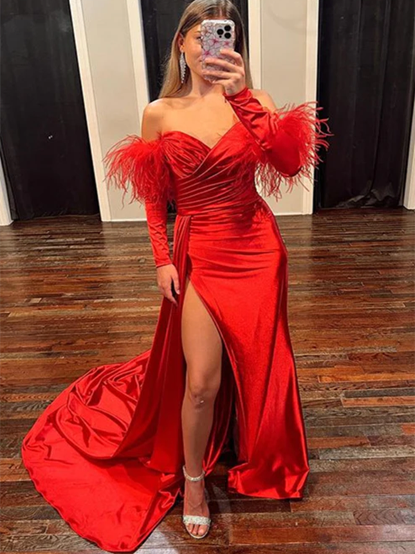Strapless Red Color Newest Prom Dresses，2023 Mermaid Long Prom Dresses, Party Dresses