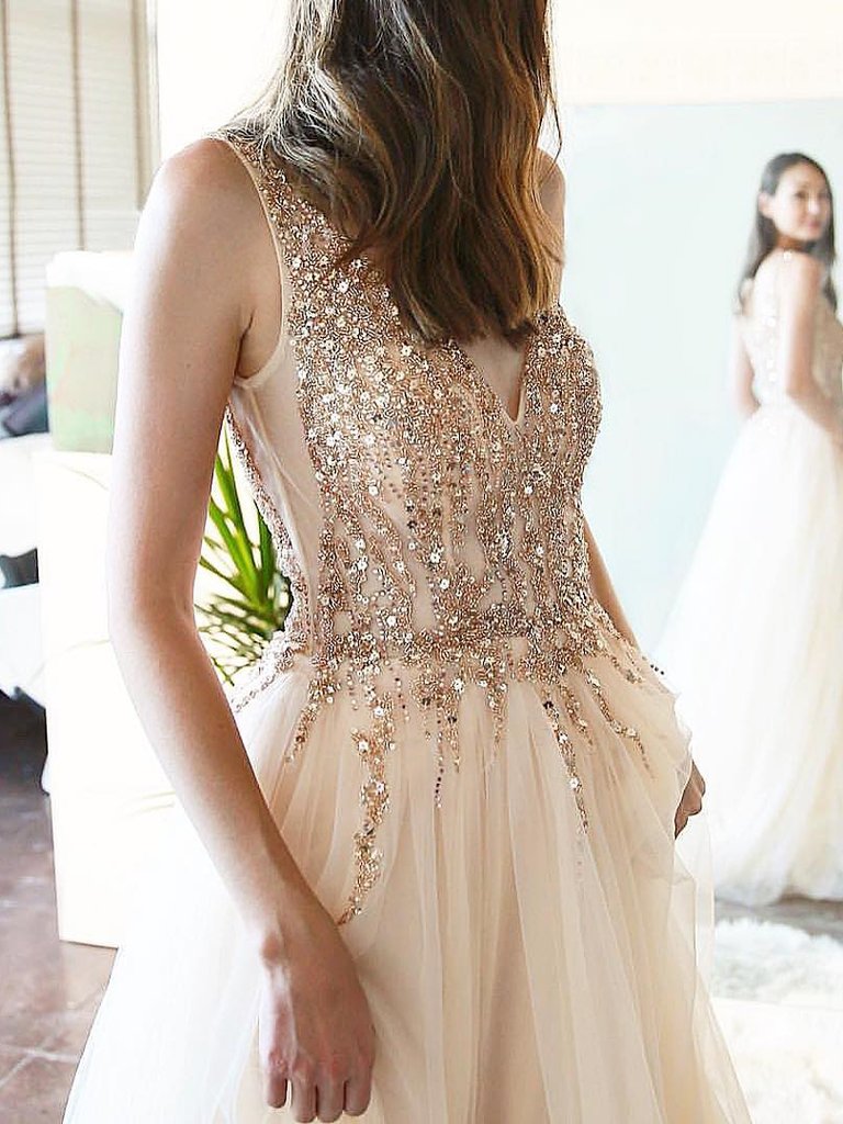 Long A-line Beaded Tulle Prom Dresses, Newest Prom Dresses