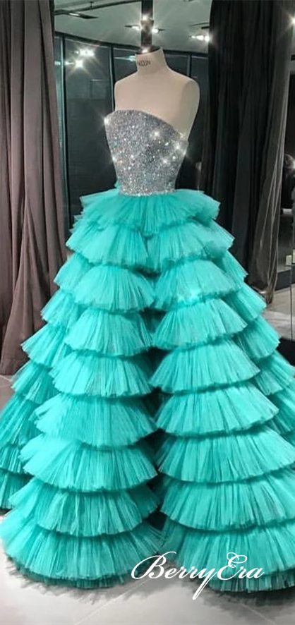 Strapless Long A-line Green Tulle Fluffy Beaded Prom Dresses, Ball Gown, Long Prom Dresses