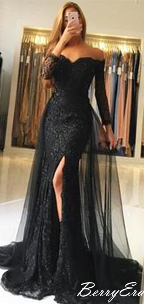 Long Sleeves Slit Prom Dresses, Sequin Lace Prom Dresses, Elegant Prom Dresses